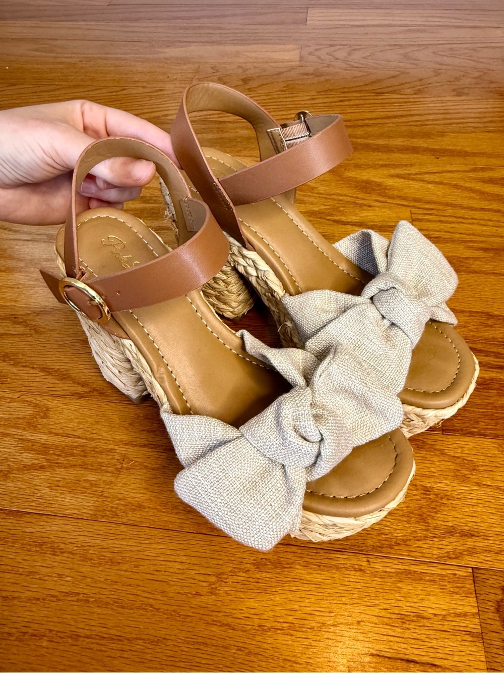 Pink Lily Natural Linen Bow Raffia Platform Wedge Heels Ankle Strap Sandals